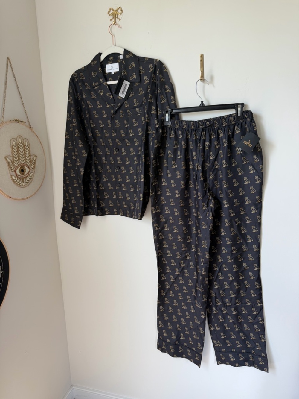 OVO silk Black & Gold owl Printed Pajama Set